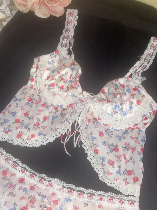 For Love & Lemons Ditsy Day Ruffled Bra Top/Mini Skirt NWT- XL-Red/White/Blue - Picture 8 of 15